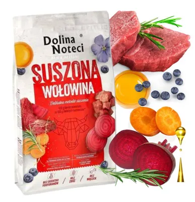 A collage of dog food packaging and ingredients like raw meat, blueberries, egg yolk, and vegetables.