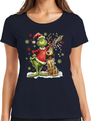 Produktbild von Grinch Weihnachten Rentier Lichterkette Schneeflocken Geschenk Damen T-Shirt, Navy, S