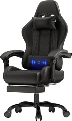 Obrázek produktu pro Herní židle, ergonomická kancelářská židle s masážní funkcí, židle pro hráče s nastavitelnou opěradlem (90-135°) a podnožkou, nosnost 150 kg, černá barva
