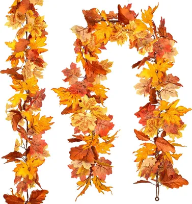 Image de pack de 2 guirlandes d'érable d'automne - 5,9ft / pièce guirlande de feuilles d'automne artificielles décor coloré de Thanksgiving pour la maison de mariage cheminée fête de Noël, érable jaune