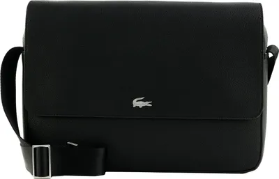 A black Lacoste messenger bag is shown against a white background.