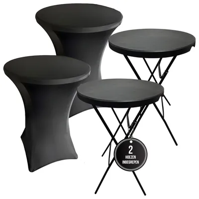 Produktbild von IvoQ 2er Set Stehtische Schwarz – Inklusive 2 schwarzer Stretchhussen – Ø80 cm x 110 cm – Klappbar – Partytische für Party, Garten & Event