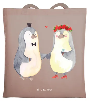 Produktbild von Mr. & Mrs. Panda Tote Bag Hochzeit Pinguin - Braun Pastell - Geschenk, Laptoptasche, Pinguine, Hochzeitstag, Stoffbeutel, Tasche, Gastgeschenk, Hochzeitsgeschenk, Uni