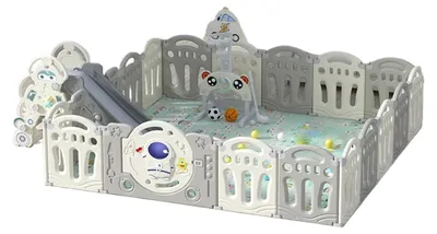 Produktbild von Baby-Laufstall mit Rutsche und Basketballkorb - Spielgitter - 1,9 x 2,0 m - Für drinnen - Sicherheitszaun - Tiermotiv - Unisex