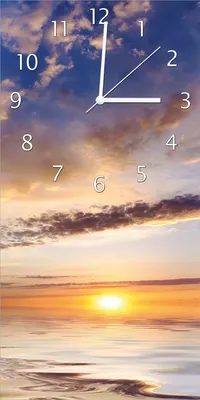 Produktbild von Wallario Design Wanduhr Sonnenuntergang über dem Wasser aus Echtglas, Größe 30 x 60 cm