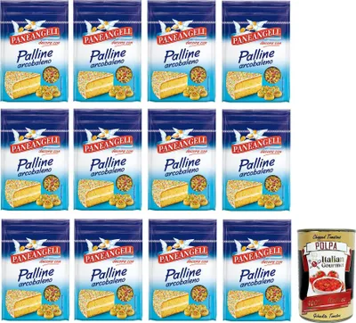 Produktbild von 12x Paneangeli Palline Arcobaleno,Mehrfarbiges Konfetti in runder Form, ideal zum Dekorieren von Desserts,Wiederverschließbare 60g-Packung + Italian Gourmet Polpa di Pomodoro 400g Dose