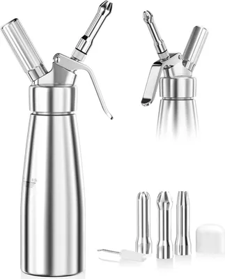 Produktbild von 500ml sahnespender, Sahnesyphon Aluminium mit 3 Edelstahl Deko-Düsen und 1 Reinigungbürste, Auslaufsicherer sahnesiphon für die Zubereitung von Schlagsahne, Creme, Mousse und Desserts
