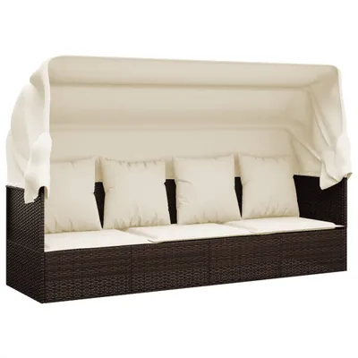 Image de vidaXL Lit lounge d'extérieur avec toit et coussins Marron Poly rotin