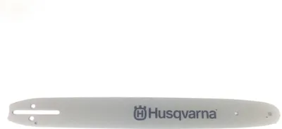 A chainsaw bar with the Husqvarna logo on a white background.