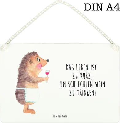 Produktbild von Mr. & Mrs. Panda Schild Igel Wein DIN A4 - Weiß - Geschenk, Weinliebhaber, Weinglas, Türschild, Wandbild Holz, Spruch, Holzschild, Lustige Sprüche, Rotwein, wandtafel