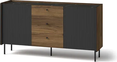 Produktbild von BETTSO Breite Kommode mit geriffelter Front PRESTIGO 150 x 78 cm Schwarz + Nussbaum