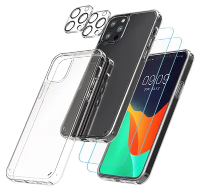 Produktbild von kwmobile 5in1 Set Handyhülle kompatibel mit Apple iPhone 12 Pro Hülle - 1x stoßsichere Schutzhülle 2x Schutzglas Display 2x Kamerschutz Glas -