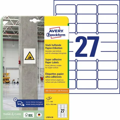 Obrázek produktu pro Avery L7874-20, Bílá, Zaoblený obdélník, Permanentní, Papír, 27 kusů, 20 listy