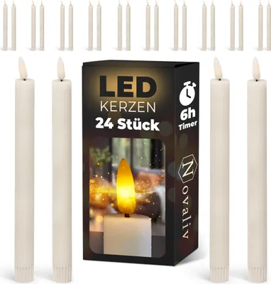 Produktbild von 24er Set Stabkerze LED - Stabkerze aus Echtwachs bewegliche Flamme Timer - 20cm Höhe für 2,2cm Durchmesser / 1x AA Batterie notwendig - Stabkerze LED bewegliche Flamme