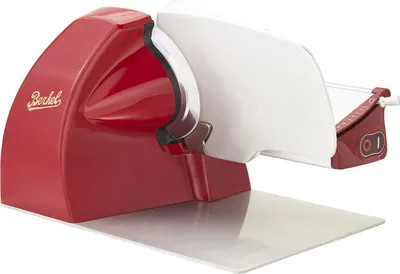 A red and white electric food slicer with the brand name 'Berkel' visible.