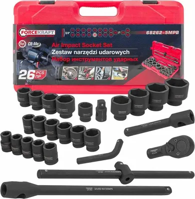 Zdjęcie produktu dla FORCEKRAFT Zestaw KLUCZY nasadowych UDAROWYCH 3/4" 1" 26 ELEMENTÓW 6-kątne