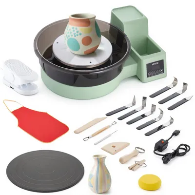 Immagine prodotto di Tornio elettrico VEVOR da 450 W, tornio da Vetroceramica con piatto girevole da 28/36 cm, tornio con pedale e velocità regolabile da 30 a 300 giri/min, con cassetta degli attrezzi, ideale per principianti nell'arte della Vetroceramica fai da te, colore verde