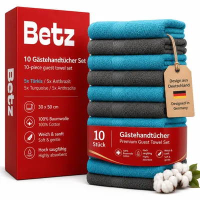 Produktbild von Betz 10 Stück Gästehandtücher Gästehandtuch Premium 100% Baumwolle Handtuch Gästetücher Set 30 x 50 cm Farbe türkis und anthrazit