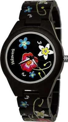 Produktbild von Holzwerk FLOWER Damen Holz Uhr mit Blumen Muster in schwarz, bunt