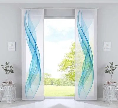 Produktbild von 2er Set Schiebegardinen Flächenvorhänge »Izmir« HxB 245x60 cm Welle Blau Voile Halbtransparent Paneelwagen Beschwerungsstange, 2022400-2