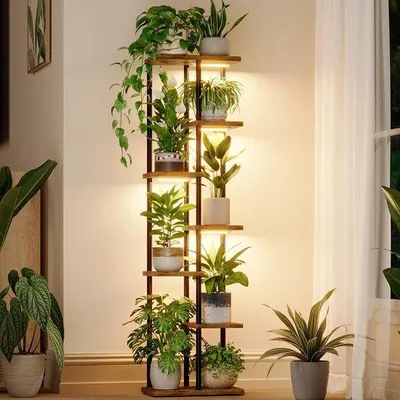 Produktbild von Famanu Pflanzenständer mit Wachstumslampe für drinnen, 7 Ebenen, Metallregal mit Holzregalen für Wohn- und Terrassendekoration