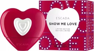A heart-shaped perfume bottle and its packaging.