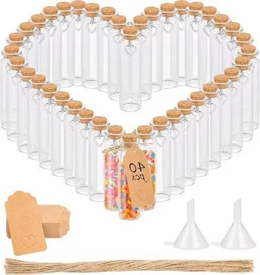 Immagine prodotto di 40 provette di vetro con tappo 20 ml - mini bottiglie di vetro - provette piccole - ciondolo a cuore - etichette - imbuto - cordoncino di canapa - regalo per gli ospiti - matrimonio - decorazione per feste
