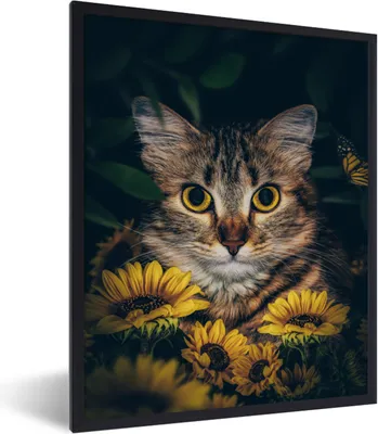 Produktbild von MuchoWow® Gerahmtes Poster Katze - Gelb - Blumen - Botanisch 60x80 cm - Poster mit Schwarzem Bilderrahmen Wandposter Rahmen Foto Bilder - Premium - Wanddeko Wohnzimmer
