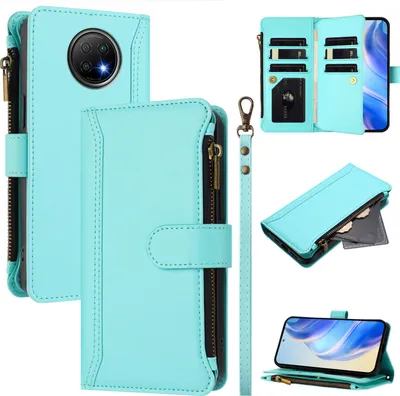 Obrázek produktu pro Pouzdro pro Xiaomi Redmi Note 9T/Note 9 5G, zipem, peněženkovéPolyuretankožené flip pouzdro s kapsami na karty, stojánkem a poutkem na ruku mátově zelená