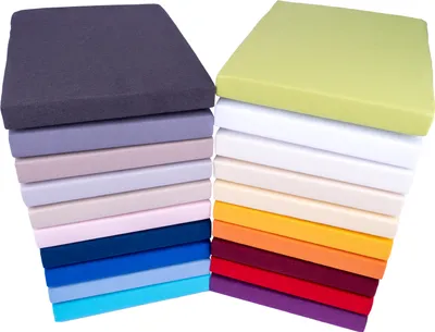 A stack of fitted sheets in various colors, arranged in two columns.