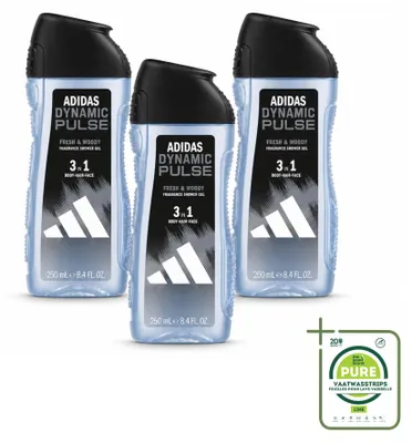 Immagine prodotto di 3 flaconi di gel doccia Adidas Dynamic Pulse 3-in-1, 250 ml ciascuno - confezione grande - 3 pezzi