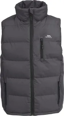 A dark gray puffer vest is shown front and center against a white background.