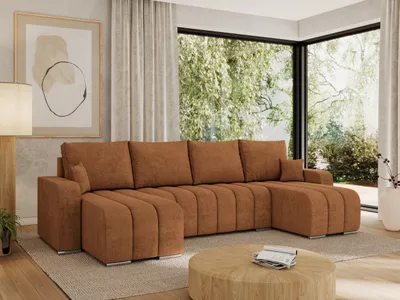 Produktbild von MKS MEBLE Sofa mit Schlaffunktion - Ecksofa mit Schlaffunktion und Bettkasten - Sofa 5 Sitzer - Schlafsofa - Couch - Schlafsofa mit Bettkasten - Kirasso U -Orange Struktur