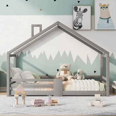 Obrázek produktu pro okwish dětská postel domeček postel s komínem ochrana proti pádu robustní lamelové rošty domeček z borovicového dřeva postel pro děti, 90 x 200 cm bez matrace, šedá