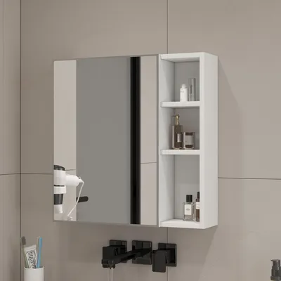 Produktbild von Badezimmer Spiegelschrank, Badezimmerschrank mit Einzeltür Verspiegelt und 2 Einlegeböden, Holz Badschrank Hängend Wandschrank mit Spiegel