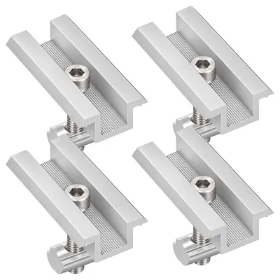 Produktbild von 4x Mittelklemme silber Solar Modul jeweils im Befestigungsset mit je Nutenstein, Zylinderkopfschraube, Federring - Alu PV Montage Halterung