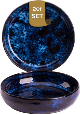 Produktbild von palmer Bama Blue große tiefe Teller - 2er-Set, Steingut, Ø 22 cm, blau schwarz hochglanz, für Pasta, Suppe oder als Servierteller, stapelbar, spülmaschinenfest