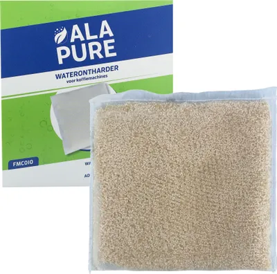 A product packaging and the product itself, likely a water softener bag for coffee machines.