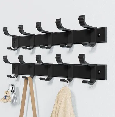Produktbild von Unyqoos® 2er-Set Kleiderhaken für Wandmontage – 5 Doppelhaken Garderobe 30 cm, schraub- oder selbstklebend, schwarz, Tragkraft 7 kg