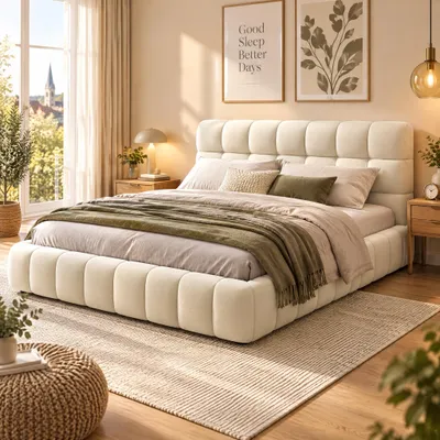 Imagen del producto de Cama Bubble Bett de 160x200 cm, con estructura de somier, cama doble con cabecero acolchado, estructura de cama, sin colchón, color lino, beige