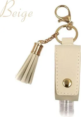 Produktbild von 30ml Desinfektionsmittelspender Schlüsselanhänger in Beige, Desinfektionsanhänger mit Kunstleder Hülle, leere Handtaschen Reiseflasche