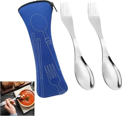 Produktbild von Edelstahl-Sporks-Set, 2-teilig, blau, wiederverwendbar