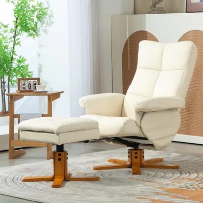 Produktbild von Relaxsessel mit Hocker, Fernsehsessel 360° drehbar, Liegesessel Kunstleder, Cremeweiß | 80x86x99 cm | 145° neigbar | Stauraum im Hocker