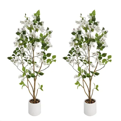 Produktbild von Künstlicher Bougainvillea Baum 2er Set – 120 cm Kunstpflanze mit Blüten – Seidenpflanze mit Topf – Weiß
