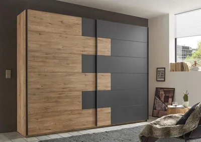 Produktbild von Schwebetürenschrank >LINEA< in Bartex Eiche / Graphit - 270x211x58cm (BxHxT)