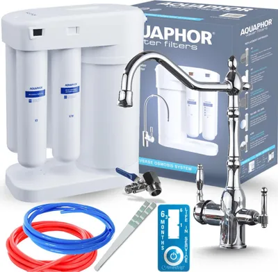 Produktbild von Aquaphor Morion 101S RO Trinkwasserfilter-Set + RETRO 2 3-Wege-Küchenarmatur - CHROM