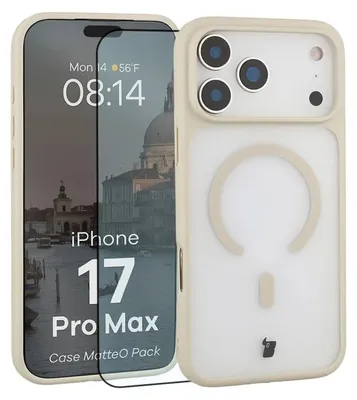 Produktbild von Schutzhülle mit Magnetring + gehärtetem Glas für iPhone 17 Pro Max, Bizon MatteO Pack, Getönt-Beige