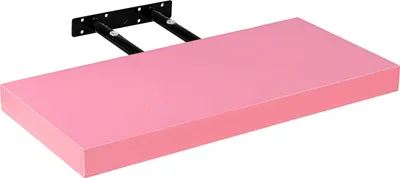 A pink floating shelf mounted on a black bracket against a white background.