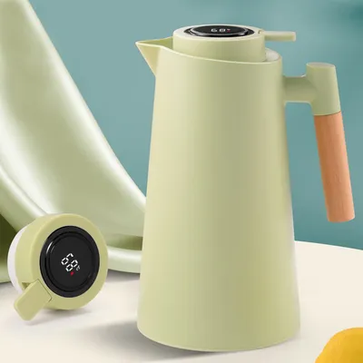 Produktbild von Thermoskanne 1L Isolierkanne mit Temperaturanzeige und Edlem Holzgriff Thermo Kaffeekanne langer Thermoeeffekt Grün