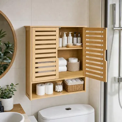Produktbild von Badschrank Badezimmerschrank mit 2 Türen, Bambus Hängeschrank Wandmontage, Aufbewahrungsschrank Natur, 57 x 20 x 66 cm